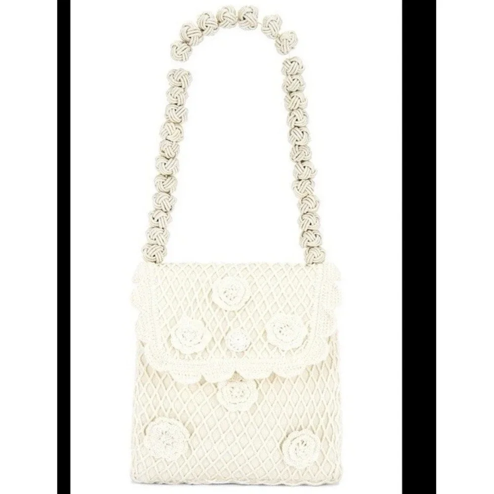 For Love & Lemons Romantic Coquette Knit Crochet Purse Cream Rosettes Cottage